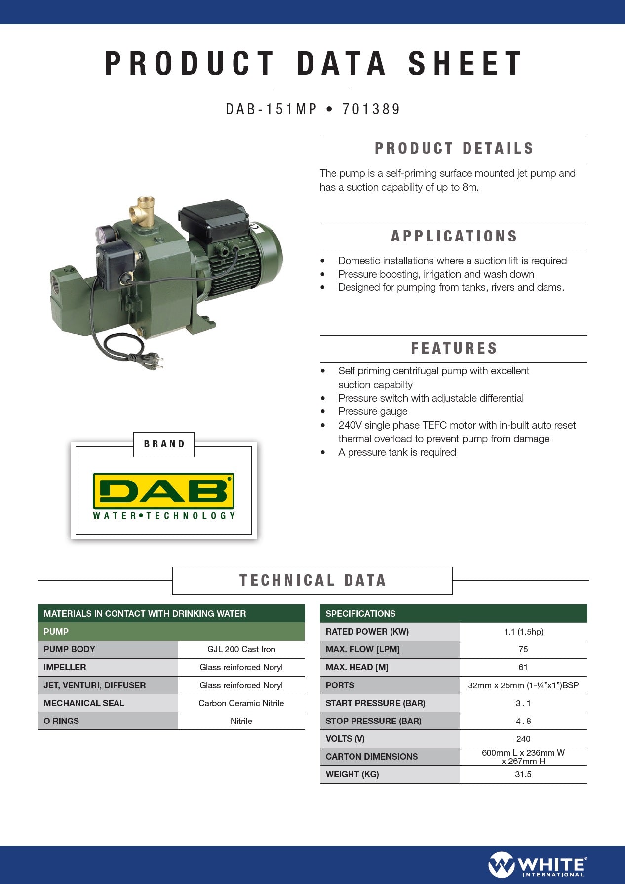 DAB Jet151 1.1kw Jet Pump with Pressure Switch