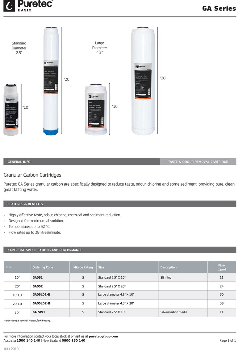 Puretec Basic 4 1/2" x 20" 5 Micron Granular Carbon Cartridge