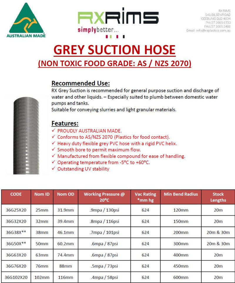 Grey Suction Hose 100mm Cut