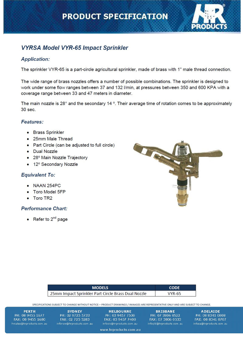 VYR Brass 1" Adjustable Impact Sprinkler