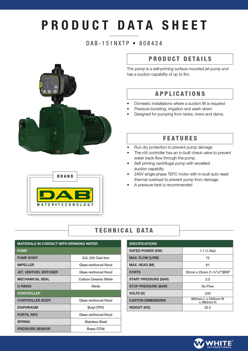 DAB Jet151 1.1kw Jet Pump with NXTP Control