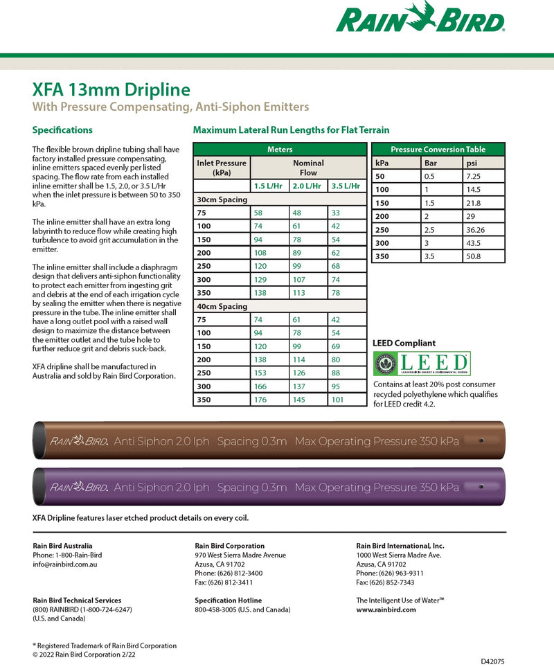 Rainbird XFA P/C Drip Line 13mm x 200m 2l/h 30cm Spacing