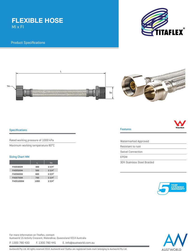 Stainless Braided Flex Hose 20mm x 700mm Male x Female