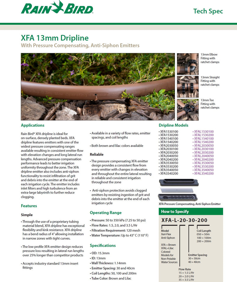 Rainbird XFA P/C Drip Line 13mm x 200m 2l/h 30cm Spacing