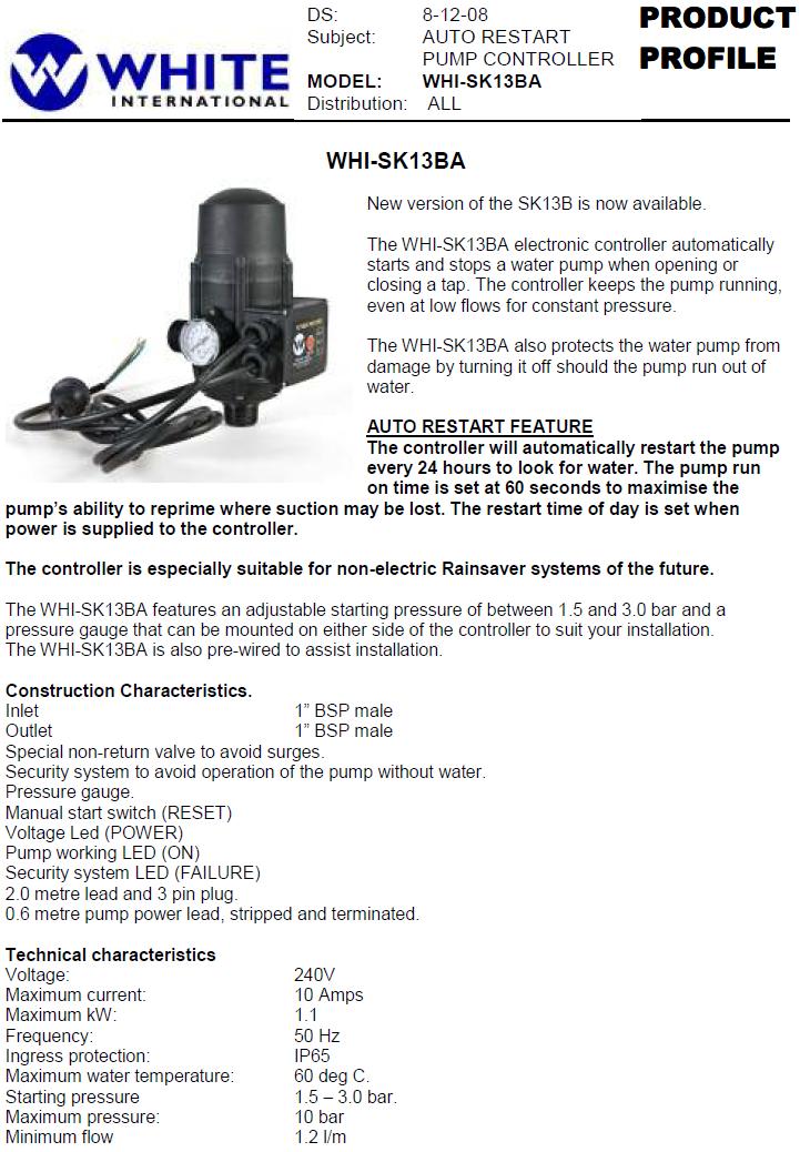 White Int Pressure Control Adjustable Cut In Auto restart Standard Plug