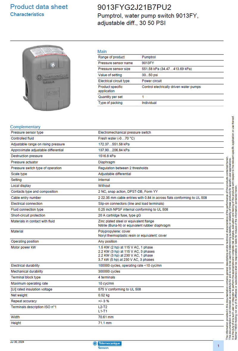 Onga Pressure Switch Square D 30-50 PSI