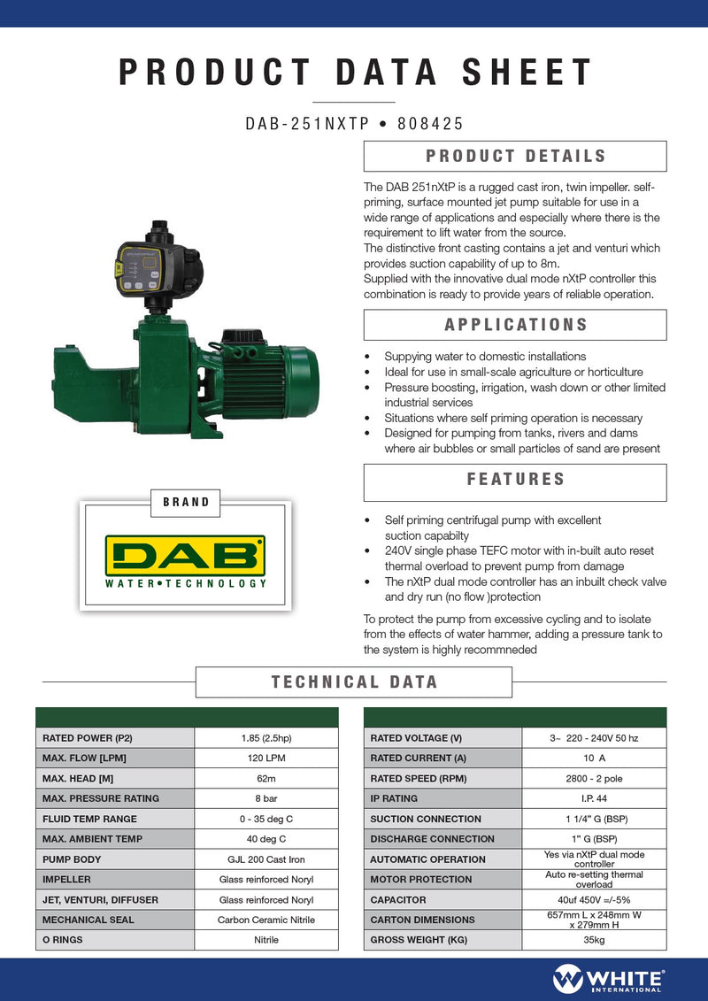 DAB Jet251 1.85kw Jet Pump with NXT Pressure Control