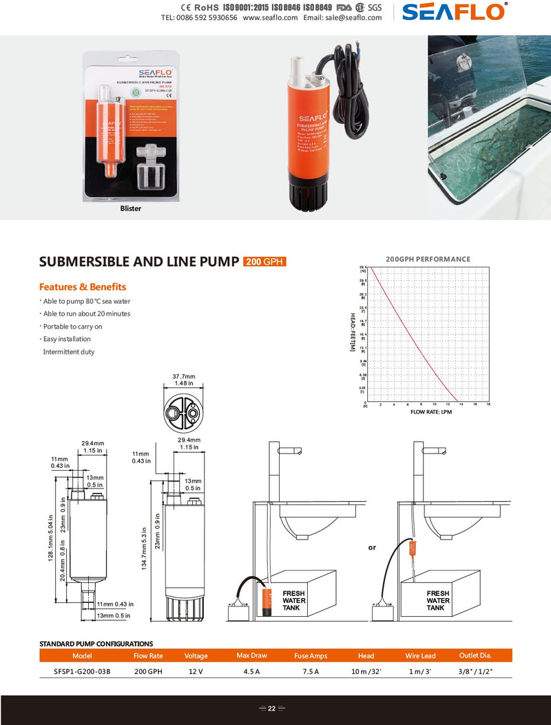 Seaflo 200gph Submersible & Inline Pump 12V