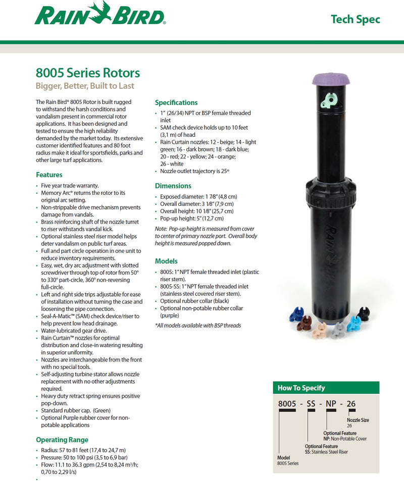 Rainbird 8005 5" Part/Full Circle Rotor with SAM - Stainless - NP