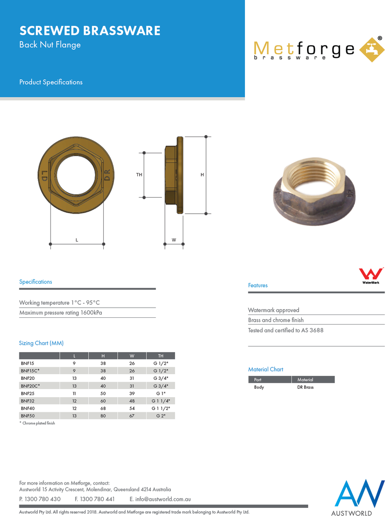 Brass Back Nut Flange 3/4"