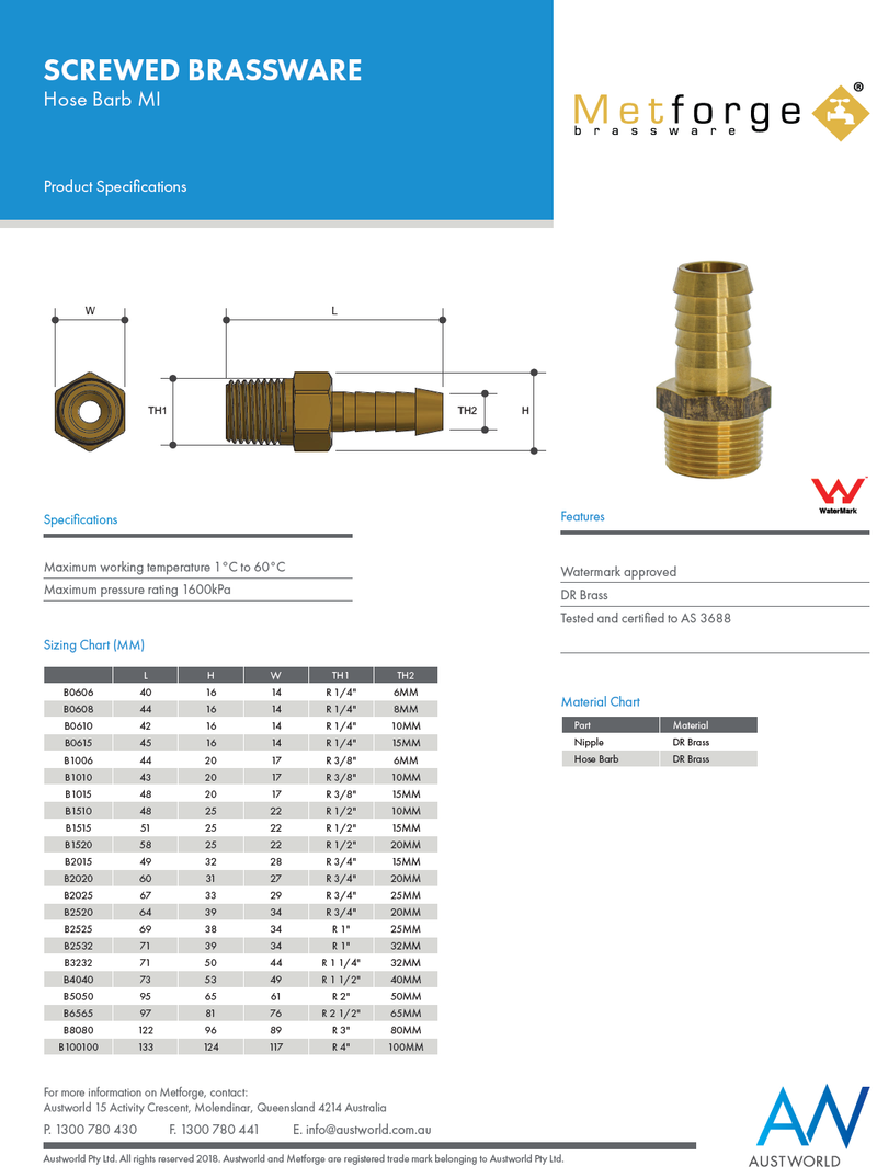 Brass Hose Barb 50mm Tail x 2" Male Thread