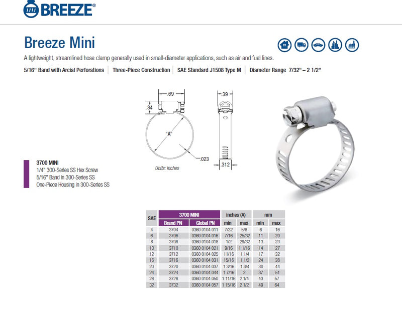 Breeze 304 Stainless Worm Drive Hose Clamp 11mm-20mm