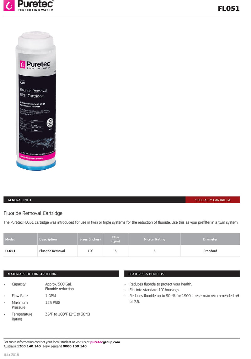 Puretec 2 1/2" x 10" Fluoride Reduction Cartridge