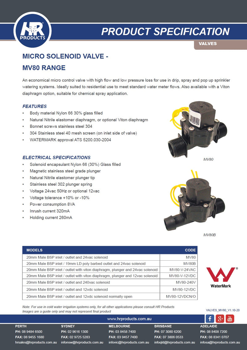 Hr Products MV80 Series Manifold Solenoid Valve 3/4" x 19mm Barb