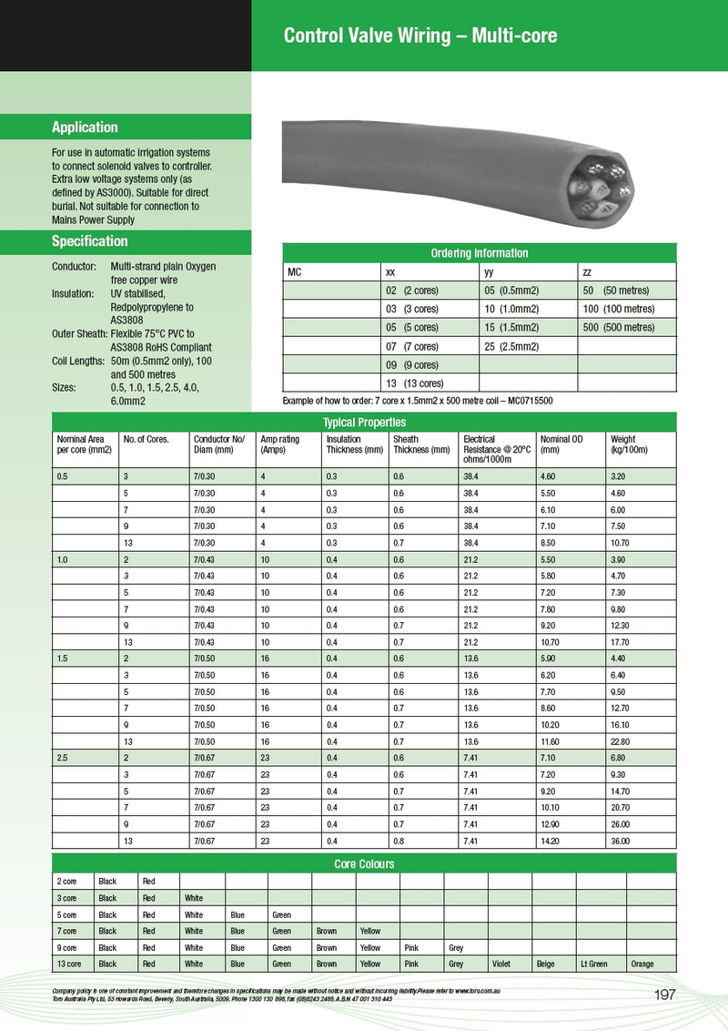 Standard Multi Core Sizes .5mm² Multicore Cable 9 Core 100m
