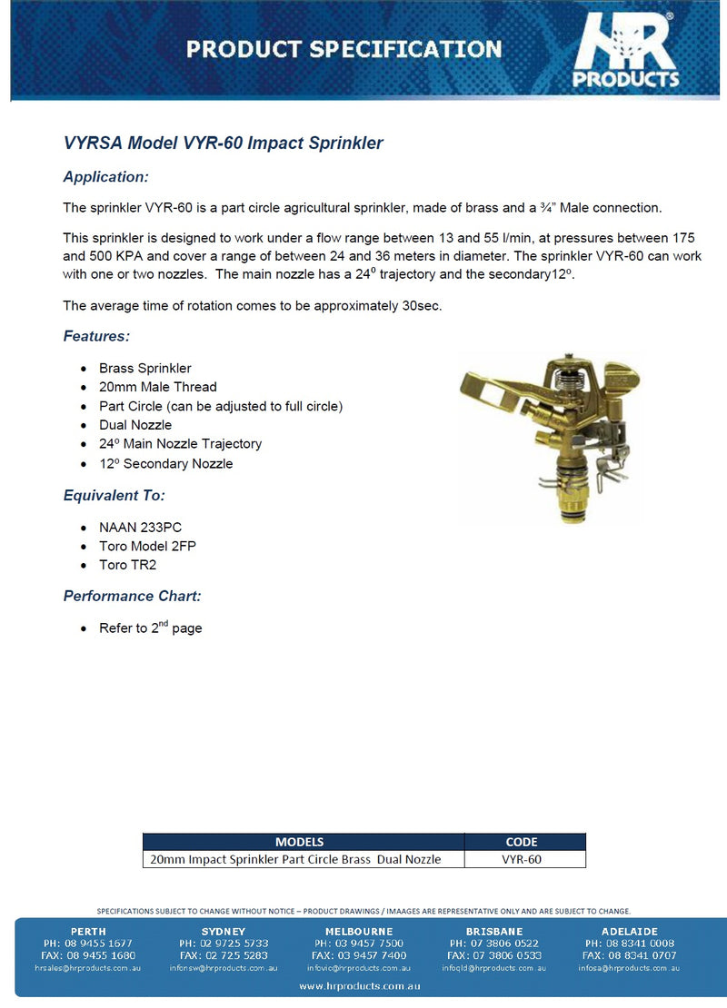 VYR Brass 3/4" Adjustable Impact Sprinkler